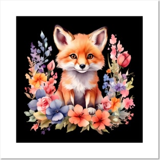A red fox decorated with beautiful watercolor flowers Posters and Art